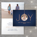 2 Photo Modern Minimalist Joy Navy Blue Copper Holiday Card<br><div class="desc">Celebrate the simple joys of the holidays and share two of your favourite photos with this elegant navy blue and faux copper folded card. Text on this template is easy to customise to include any wording, such as Merry Christmas, Happy Holidays, Seasons Greetings, Cheers to the New Year etc. (IMAGE...</div>