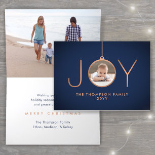 2 Photo Modern Minimalist Joy Navy Blue Copper Holiday Card