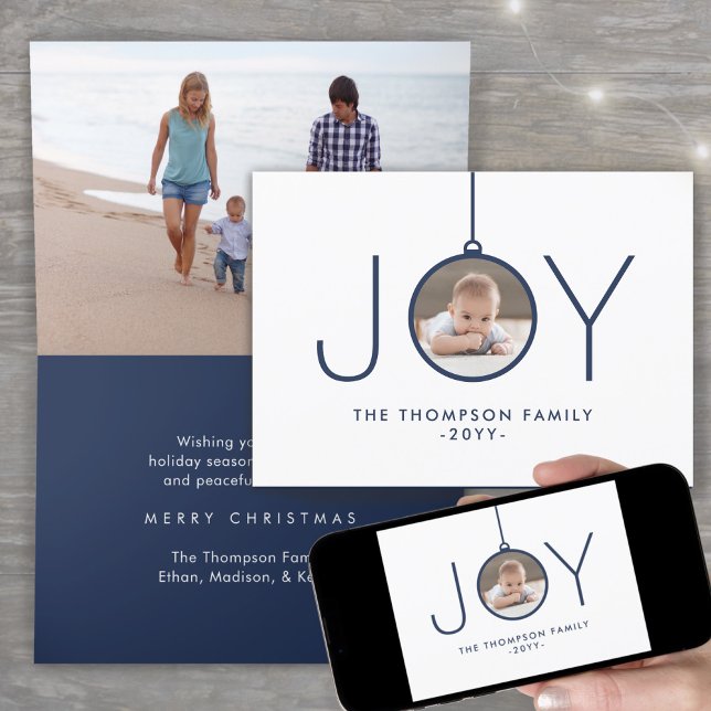 2 Photo Modern Minimalist Navy Blue White Joy Holiday Card (Creator Uploaded)