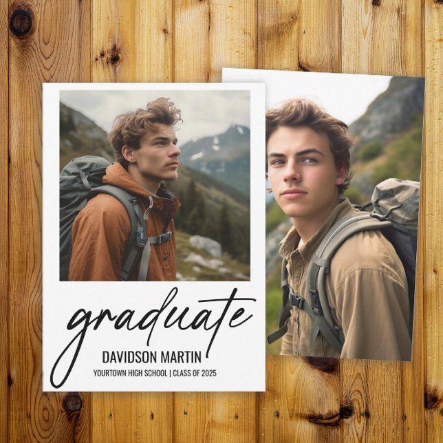 2 Photo Modern Script Graduation Announcement (2-photo modern script graduation announcement card for him)