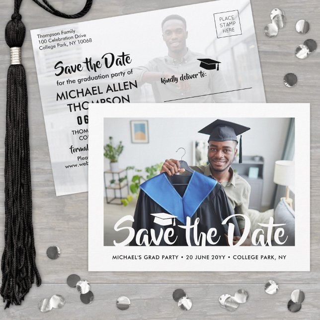 2 Photo Modern Script Graduation Save the Date Postcard (Creator Uploaded)
