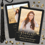 2 Photo Modern Simple Script Black Gold Graduation Announcement<br><div class="desc">Share the joy of a high school or college graduation with these custom 2 photo black and gold announcements. All pictures and wording are simple to personalize. (IMAGE PLACEMENT TIP: An easy way to center a photo exactly how you want is to crop it before uploading to the Zazzle website.)...</div>