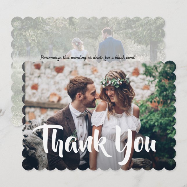 2 Photo Modern Wedding Simple Script Calligraphy Thank You Card (Front/Back)