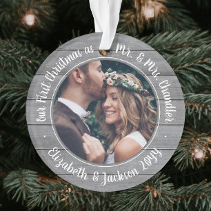 2 Photo Mr & Mrs 1st Christmas Grey Faux Wood Ornament