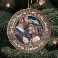 2 Photo Mr & Mrs 1st Christmas Rustic Faux Wood