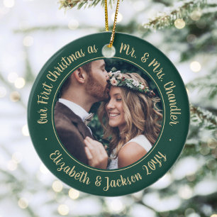 2 Photo Mr & Mrs 1st Christmas Script Green & Gold Ceramic Tree Decoration
