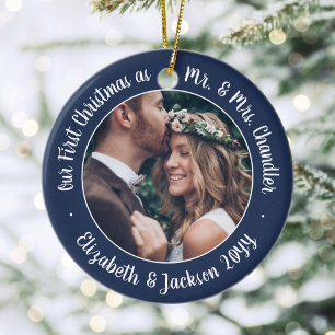 2 Photo Mr & Mrs 1st Christmas Script Navy & White Ceramic Tree Decoration