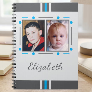 2 photo name text blue grey notebook
