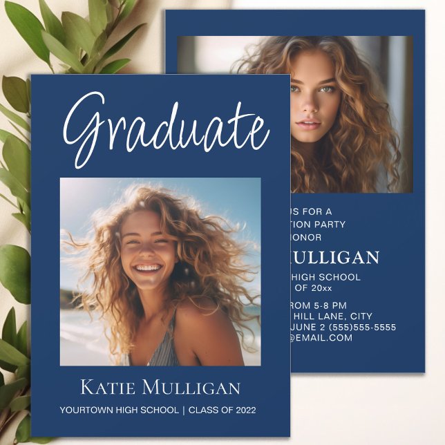 2 Photo Navy Blue Graduation Party  (Navy blue 2 photo graduation party invitation)