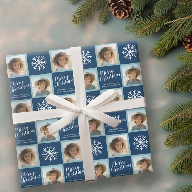 2 Photo - Navy Blue Merry Christmas Snowflakes Wrapping Paper (Personalized wrapping paper with 2 photos)