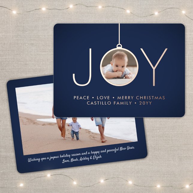 2 Photo Navy Blue Modern Joy Christmas Ornament (Creator Uploaded)