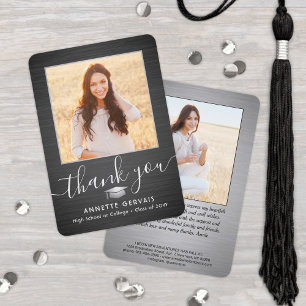 2 Photo New Addresd Brushed Black White Graduation Thank You Card