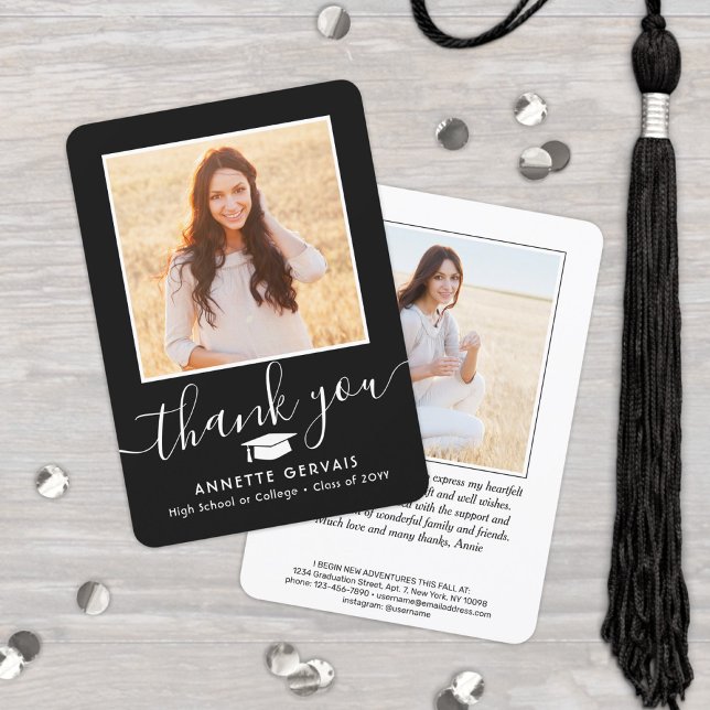 2 Photo New Address Black White Script Graduation Thank You Card (Creator Uploaded)