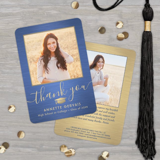 2 Photo New Address Brushed Blue & Gold Graduation Thank You Card (Creator Uploaded)