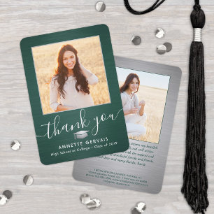 2 Photo New Address Brushed Green White Graduation Thank You Card
