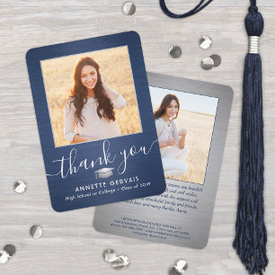 2 Photo New Address Brushed Navy Blue Graduation Thank You Card