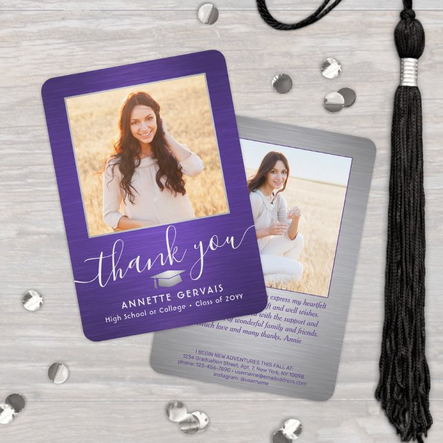 2 Photo New Address Brushed Purple Graduation Thank You Card (Creator Uploaded)