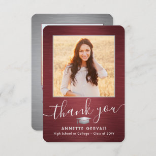 2 Photo New Address Brushed Red Grey Graduation Thank You Card