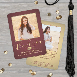2 Photo New Address Burgundy Red & Gold Graduation Thank You Card