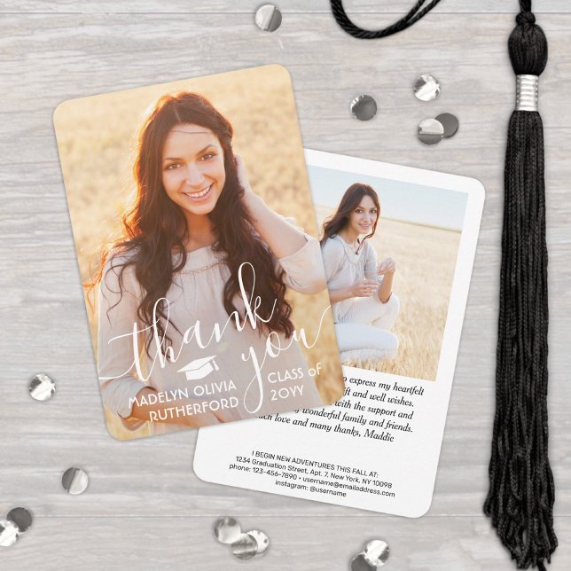 2 Photo New Address White Typography Graduation Thank You Card (Creator Uploaded)