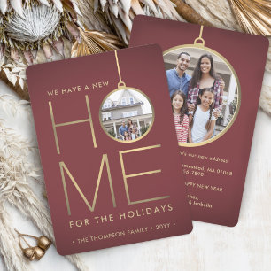 2 Photo New Home Address Burgundy & Gold Moving Holiday Card