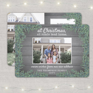 2 Photo New Home Farmhouse Greenery & Wood Moving Holiday Card