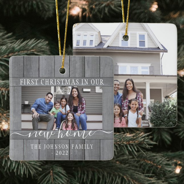 2 Photo New Home First Christmas Faux Gray Wood Ceramic Ornament (Creator Uploaded)