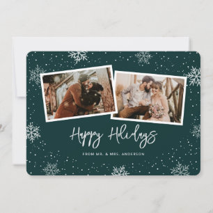 2 Photo Newlywed Snowflake Green Holiday Card