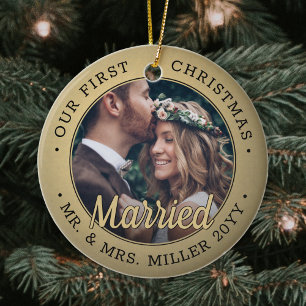 2 Photo Newlyweds 1st Xmas Married Black and Gold Ceramic Tree Decoration