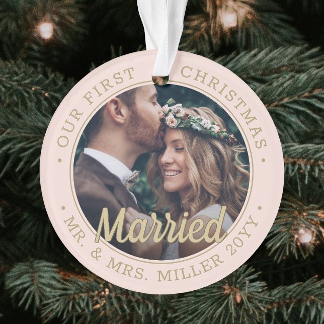 2 Photo Newlyweds 1st Xmas Married Blush Pink Gold Ornament (Creator Uploaded)