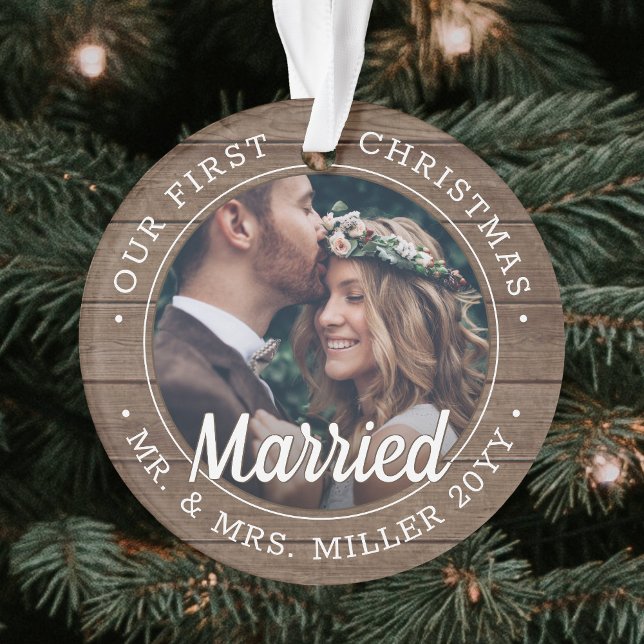 2 Photo Newlyweds 1st Xmas Married Faux Barn Wood Ornament (Creator Uploaded)