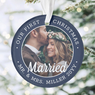 2 Photo Newlyweds 1st Xmas Married Navy Blue White Ornament