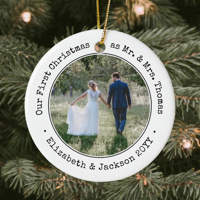 2 Photo Newlyweds First Christmas Black and White Ceramic Tree Decoration (Creator Uploaded)