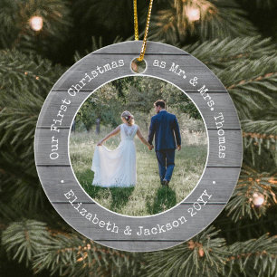 2 Photo Newlyweds First Christmas Faux Grey Wood Ceramic Tree Decoration