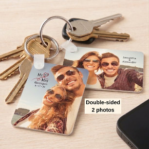 2 Photo Newlyweds Heart Typography Mr and Mrs Key Ring