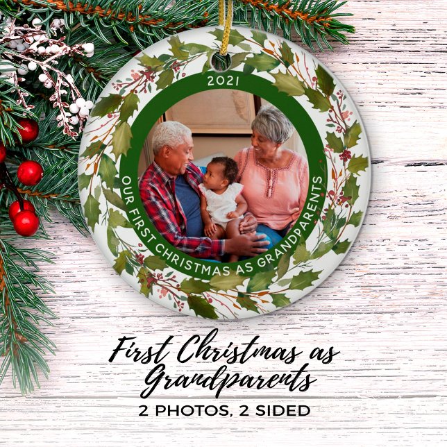 2-Photo Our 1st Christmas as Grandparents Wreath Ceramic Tree Decoration (Creator Uploaded)