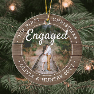 2 Photo Our 1st Christmas Engaged Rustic Faux Wood Ceramic Tree Decoration