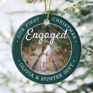 2 Photo Our First Christmas Engaged Green & White Ceramic Tree Decoration
