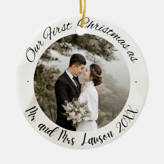 2 Photo Our First Christmas Married Faux Ornament (Front)