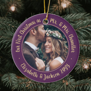 2 Photo Our First Christmas Mr & Mrs Plum Purple Ceramic Tree Decoration