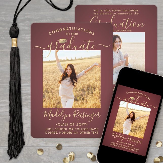 2 Photo Parents Congrats Burgundy Gold Graduation Announcement (Creator Uploaded)