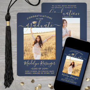 2 Photo Parents Congrats Navy Blue Gold Graduation Announcement
