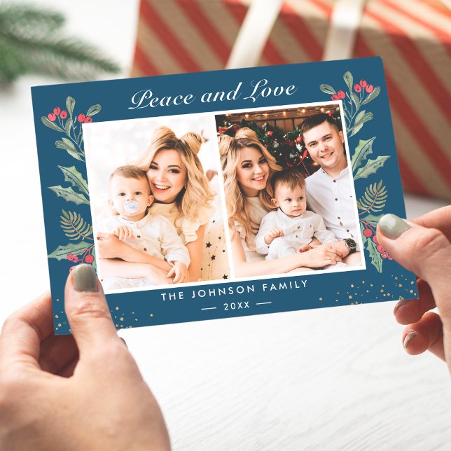 2 Photo Peace and Love Berries Floral Christmas Holiday Card (Creator Uploaded)