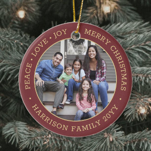 2 Photo Peace Love Joy Merry Christmas Red & Gold Ceramic Tree Decoration