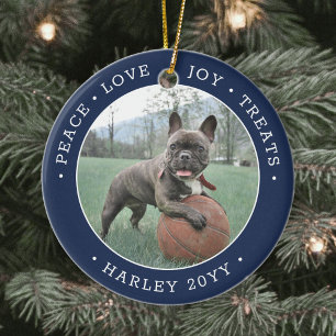 2 Photo Peace Love Joy Treats Cute Dog Navy Blue Ceramic Tree Decoration