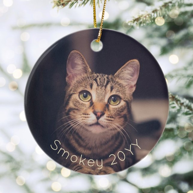 2 Photo Pet Name & Year Simple Gold Typography Ceramic Tree Decoration (Creator Uploaded)