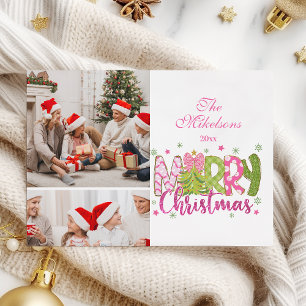 2 Photo Pink Green Bow Tree Merry Christmas Holiday Card
