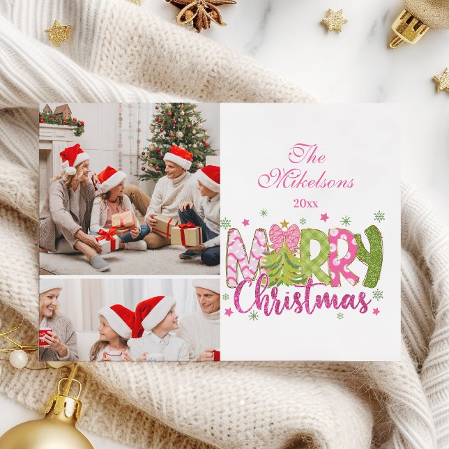 2 Photo Pink Green Bow Tree Merry Christmas Holiday Card (Creator Uploaded)