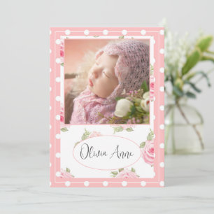 2 Photo Pink Rose Polkadot Baby Girl Birth Announcement