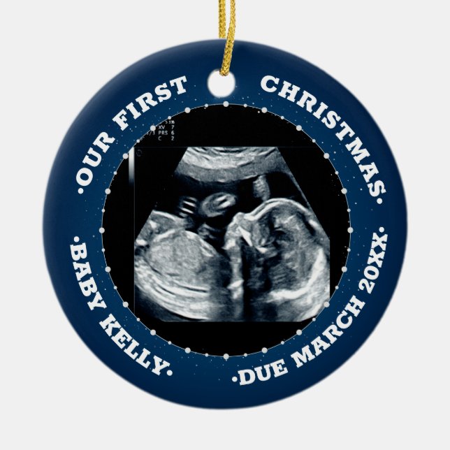 2 photo Pregnancy Announcement  expecting parents Ceramic Tree Decoration (Front)